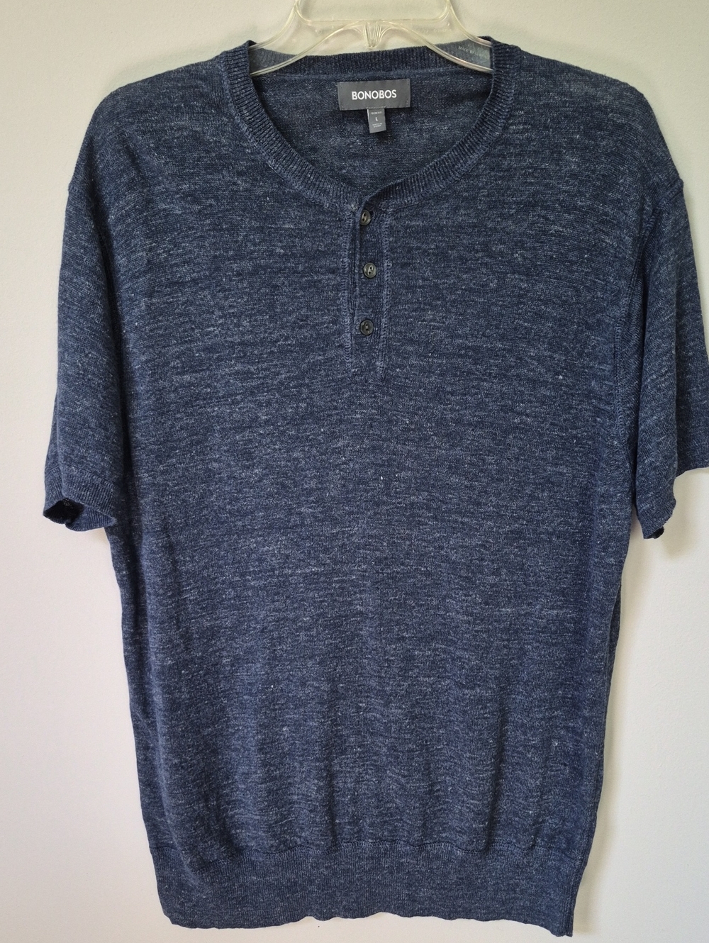 Bonobos Shirt Short Knit Linen S/S Henley Mens L Heather Navy Travel Resortwear